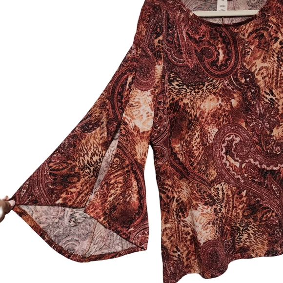 COCOMO Top Womens Plus 1X Brown Copper Paisley Bell Sleeve Celestial Fairy Boho - Picture 6 of 13
